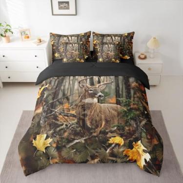 Imagem de jejeloiu Conjunto de edredom de veado com lençol de 7 peças, Queen, casa de fazenda, animais selvagens, para crianças, meninos, meninas, campo, chalé, cama em saco, decoração de quarto, microfibra