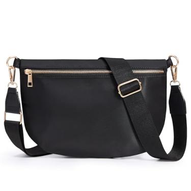 Imagem de KALIDI Bolsas transversais quadriculadas para mulheres, pochetes de viagem planas para mulheres e homens, bolsa transversal de nylon, bolsa moderna para cinto, Preto puro