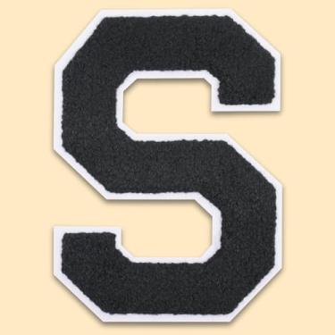 Imagem de QianSiLi Remendos de letras universitárias de chenille preto de 11 cm, letras grandes para jaquetas Letterman, moletons com capuz, mochilas, coletes, roupas, adesivos individuais da letra S