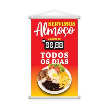 Imagem de Banner Promocional de Almoço, Sinalização para Restaurante em Vermelho e Amarelo, 120x60 cm, com Imagem de Prato Completo, Servimos Todos os Dias