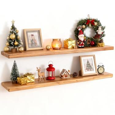 Imagem de Prateleiras flutuantes de madeira de olmo rústico de 91 cm, prateleiras de parede de 20 cm de profundidade para decoração de casa, prateleira flutuante montada na parede com suporte invisível