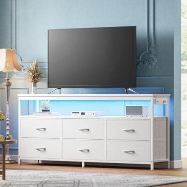 Imagem de Huuger Cômoda com suporte de TV com tomadas elétricas e luzes LED, centro de entretenimento de 137 cm para TV de 152, 127 cm, cômoda de 6 gavetas para quarto, cômoda com mancha aberta, couro PU,