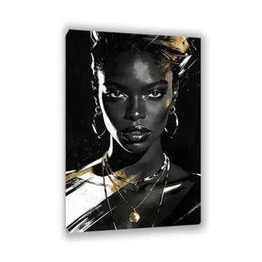 Imagem de SDYJ6GSW Arte de parede afro-americana elegante mulher negra minimalista decoração de parede abstrata arte preta impressão em tela para sala de estar banheiro decoração de casa moldura 75 x 50 cm (30