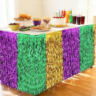 Imagem de WODCM Pacote com 2 saias de mesa de carnaval onduladas com franjas metálicas roxas e verdes douradas para mesas redondas e retangulares essenciais para decoração de carnaval de carnaval