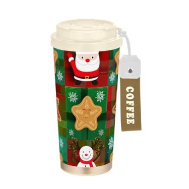Imagem de TSENQUE Bordado de Natal vermelho verde, copo de café de 473 ml com canudo e tampa de enchimento, copo de parede dupla isolado a vácuo com revestimento cerâmico para escritório, escola, festa