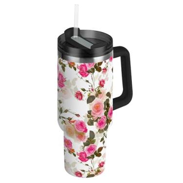 Imagem de Copos de aço inoxidável com tampa e canudo rosas brancas florais xícaras de café quente para carro copo térmico de 1,134 g com alça garrafas de água isoladas