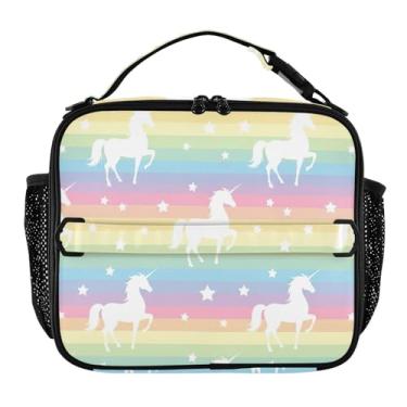 Imagem de Lancheira branca com estrelas de unicórnio, arco-íris, pastel, para mulheres, meninas, com alça de ombro, lancheira masculina e infantil, para trabalho, meninos, animal, floral, bolsa térmica