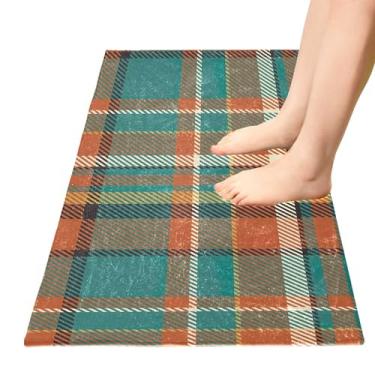 Imagem de TSENQUE Tartan Scotland Tapete de cozinha xadrez laranja verde, tapete antiderrapante para uso externo, tapete de banheira absorvente floral para cozinha doméstica, 99 cm x 51 cm
