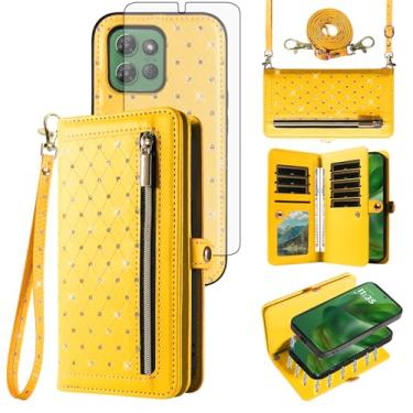 Imagem de Capa de celular para Motorola Moto G Power 5G 2025 com zíper carteira magnética destacável com protetor de tela de vidro temperado alça transversal cordão brilhante porta-cartão de crédito XT2515-1