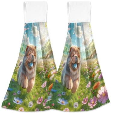 Imagem de TSENQUE Toalha de mão de outono para cachorro Chow Chow floral primavera com laço para pendurar toalhas de banho personalizadas macias absorventes essenciais de cozinha decorativos, conjunto de 2, 45