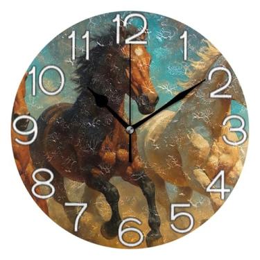 Imagem de GAIGEO Relógio de parede decorativo analógico relógio de cozinha bonito redondo sem tique-taque silencioso, retrô moderno art déco decoração de parede desenho animado cavalo branco marrom, 25 cm