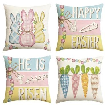 Imagem de AVOIN colorlife Capas de almofada Happy Easter Colorful Bunny Cenouras, 50 x 50 cm He is Risen Stripes Capa de almofada decoração para sofá conjunto de 4