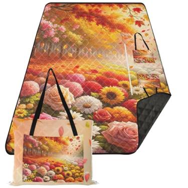 Imagem de TSENQUE Cobertor de praia impermeável com flores e folhas de outono, à prova de areia, tapete de brincar ao ar livre para grama, cobertor de piquenique dobrável, fofo, 203 x 152 cm