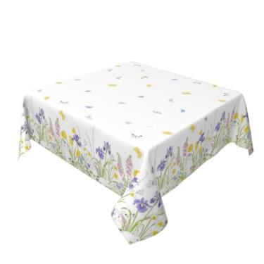 Imagem de Toalha de mesa quadrada de primavera de Páscoa, 137 x 137 cm, toalha de mesa decorativa de coelho de poliéster resistente a manchas, toalha de mesa floral para festas, cozinha, jantar