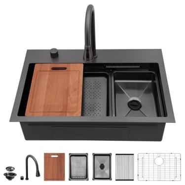 Imagem de Sarlai Pia de cozinha de cachoeira preta de 78 cm - 78 cm x 50 cm Drop In Waterfall Sink Ledge Estação de trabalho preta de aço inoxidável 16 calibres tigela única pia de cozinha lavatório