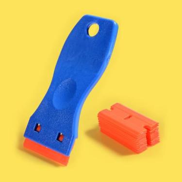 Imagem de Raspador de lâmina de barbear de plástico e 10 peças de lâminas, ferramenta de remoção de etiqueta, raspador de lâmina de barbear de plástico, removedor de adesivo para adesivos, juntas e tintas no