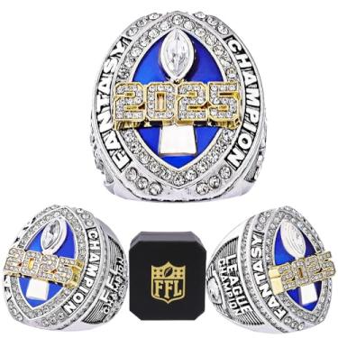 Imagem de noblehead Anel Campeonato de Futebol Fantástico 2025 | Anel Troféu Campeão FFL Pesado | Troféu de Prêmio Banhado a Ouro Prateado para Vencedor da Liga de Futebol de Fantasia, size 8 with free FFL logo