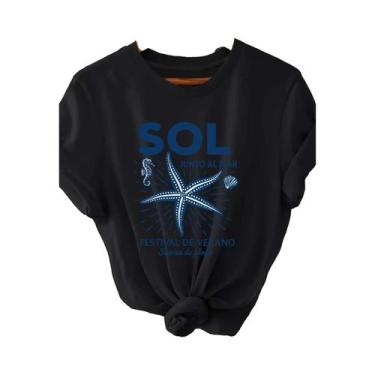 Imagem de Camiseta Feminina Casual Com Estampa Gráfica De Estrela-do-mar Azul E 