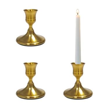 Imagem de Pacote com 3 castiçais dourados cônicos, castiçal pequeno de latão vintage para mesa de centro de mesa, casamento, Natal, jantar e decoração de casa