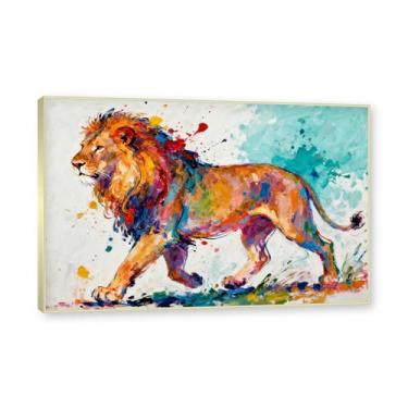 Imagem de NHLDZYH Moldura dourada. Quadro abstrato de leão - arte moderna com salpicos de cor vibrante - arte de parede energética para casa, escritório ou negócios - tela decorativa. A29. 50 x 75 cm.