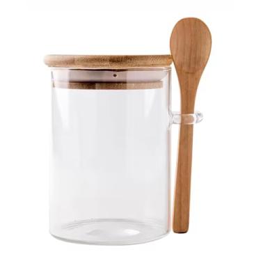Imagem de Kit 2 Potes 500ml de Vidro com Tampa de Bambu e Colher Hermético para Condimentos e Especiarias