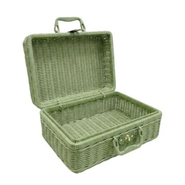 Imagem de Cesta de piquenique de vime de imitação, pequena cesta de piquenique caixa de armazenamento de vime de imitação de metal com alças, cestas de vime de imitação com alças para viagem, acampamento, festa