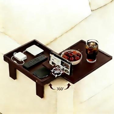 Imagem de Bandeja de apoio de braço de sofá com bambu – 14 cm – 24,9 cm mesa de braço de sofá ajustável com suporte de telefone giratório de 360° e compartimento de armazenamento oculto para lanches, bebidas