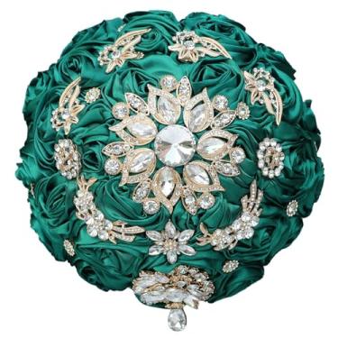 Imagem de Gkvszy Buquê de noiva verde escuro de 25 cm feito à mão com broche de strass dourado de luxo para noiva, dama de honra, buquê de flores de cetim rosa para casamento, verde escuro