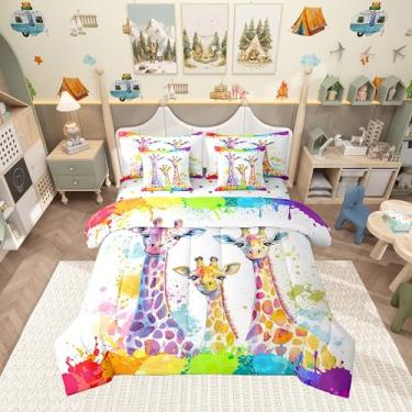 Imagem de Jogo de cama queen com estampa de girafa, pigmento aquarela, bolinhas e desenho animado de vida selvagem africana, animal africano (1 edredom, 2 fronhas, 2 fronhas, 1 lençol de cima, 1 lençol com