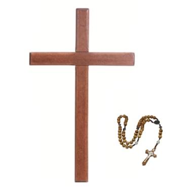 Imagem de PLKDJDM Cruz de parede crucifixo para artesanato, oração cristã, mão pequena, cruz de madeira com rosário católico para mulheres e homens