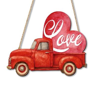 Imagem de Decorações de Dia dos Namorados, Decoração de Porta de Caminhão Vermelho para Dia dos Namorados, Placa de Madeira para Pendurar na Porta do Dia dos Namorados, Decoração de Casa de Fazenda, para