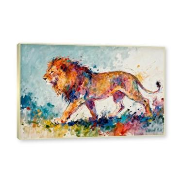 Imagem de NHLDZYH Moldura dourada. Quadro abstrato de leão - arte moderna com salpicos de cor vibrante - arte de parede energética para casa, escritório ou negócios - tela decorativa. A33. 80 x 120 cm.