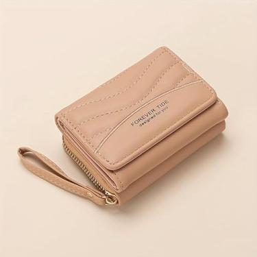 Imagem de Carteira feminina de poliuretano, porta-cartões com zíper em três dobras, carteira pequena bordada, porta-cartões de crédito, bolsas fofas com zíper, carteira curta fina para mulheres e meninas, Caqui