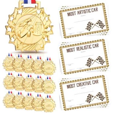 Imagem de Cunno 15 medalhas de carro de corrida com 15 peças de certificado de prêmio e fita de pescoço ouro metal troféu prêmios vencedor troféus campeão prêmio prêmio torneio presentes (espírito esportivo)