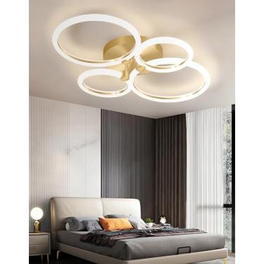 Imagem de Luminária de teto LED moderna com design de anéis, dimerizável e com controle remoto. Ideal para sala de estar, quarto, sala de jantar e escritório. Luminária de acrílico embutida para sala