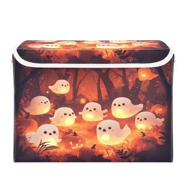 Imagem de SEHANY Cesto de armazenamento de armário de fantasmas de desenho animado fofo com tampas e alças, organizador de cestas de armazenamento de tecido dobrável, caixas de armazenamento de cubo grande para