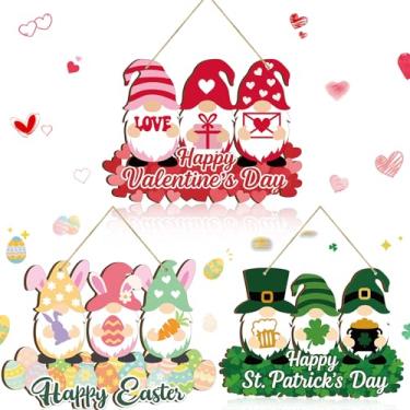 Imagem de Pinkunn 3 peças de placa de porta de madeira para dia dos namorados, conjunto de placas de boas-vindas de gnomo, guirlandas de Páscoa, dia de São Patrício, cabide de porta de trevo para decoração de