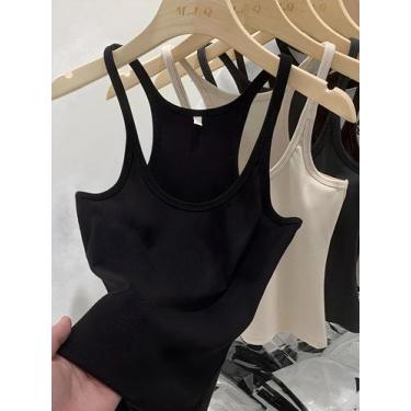 Imagem de Camiseta Sem Mangas Vintage Feminina De Malha Canellada Em Cor Sólida 