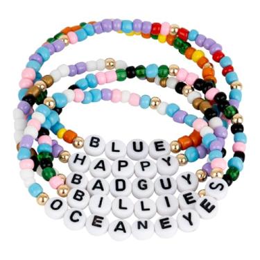 Imagem de KINFERTE Para Billie Eilish Merch Pulseiras inspiradas em presentes de concerto, roupa de concerto, álbum, pôster, camisa, 5 conjuntos de pulseiras elásticas empilháveis da amizade, joias, presentes