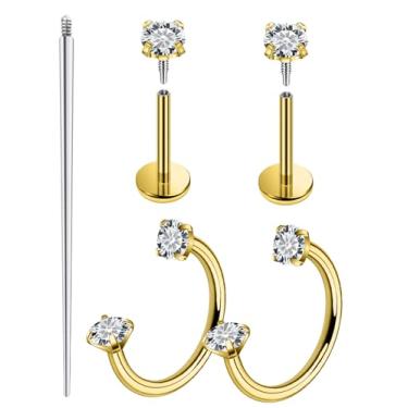 Imagem de Lcolyoli Piercing de nariz de aço cirúrgico 18G, anel de nariz de ferradura com rosca interna CZ para cartilagem de tragus helix, piercing de concha, joia feminina, Metal, Zircônia cúbica