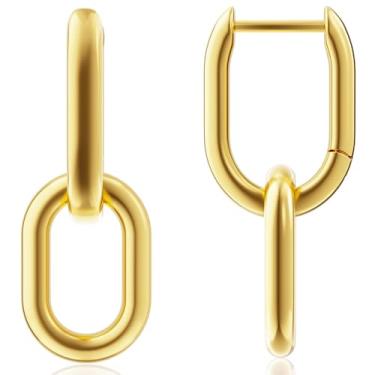 Imagem de Brincos femininos de clipe de papel conversíveis banhados a ouro 14K - Brincos modernos de argola com clipe de papel - argolas pendentes de corrente com zircônia cúbica, Large, Cobre, Sem pedra