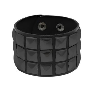 Imagem de Pulseira Black Bracelete Spike Preto 3 Fileiras Pirâmides Couro Sintetico Punk Rock