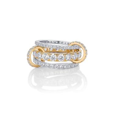 Imagem de PAVOI Anel feminino banhado a ouro 14 K com três faixas interligadas - Declaração de dois tons - Joias empilháveis de metais mistos de zircônia cúbica, 8, Branco e amarelo, Zircônia cúbica