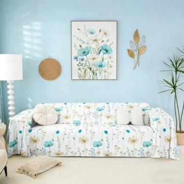 Imagem de Capa de sofá floral em aquarela azul claro com flores bege 180 x 259 cm, protetor de sofá moderno e minimalista, rústico, lavável, antiderrapante, para sala de estar, protetor de móveis