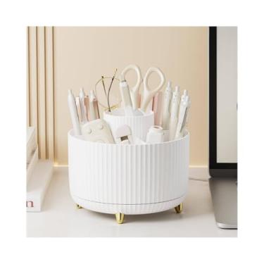 Imagem de Organizador de caneta de mesa de plástico giratório 360 com 5 compartimentos, copo de lápis de arte de dupla finalidade para escritório, escola, casa, lápis de maquiagem (branco)