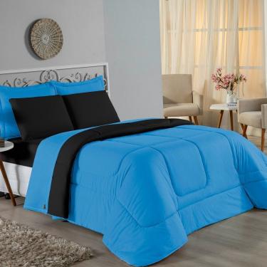Imagem de Kit Edredom Dupla Face + Jogo De Lençol Solteiro Nobre 4 Peças Malha 100% Algodão - Turquesa / Preto