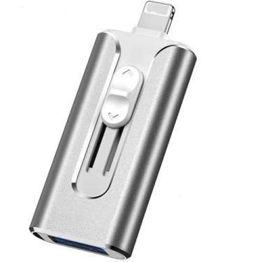 Imagem de Flash Drive de 256 GB para iPhone, Lightning 3 em 1, tipo C e USB, disco rígido externo para iPhone, armazenamento externo de alta velocidade para iPhones/iPad/Android/PC, prata