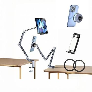Imagem de Hosann Century Suporte de tablet 2 em 1 para mesa, com grampo e cabeça de anel magnético, braço de suporte dobrável de alumínio com base ajustável giratória de 360°, suporte de braçadeira para tablets