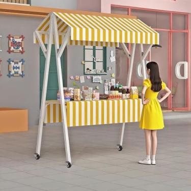 Imagem de Carrinho de lanche móvel dobrável com rodas - carrinho de mão de ferro de 150 cm para festivais e eventos, barraca portátil amarela para vendas de comida de rua, fácil de transportar