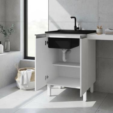 Imagem de Tanque de Lavanderia Plástico 30 L com Esfregadeira Lateral e Gabinete